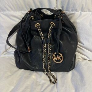 Michael Kors Black Leather Bucket Shoulder Bag w/ Gold-chain
